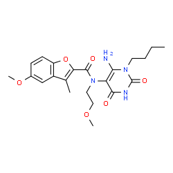 ChemSpider 2D Image | N-(6-Amino-1-butyl-2,4-dioxo-1,2,3,4-tetrahydro-5-pyrimidinyl)-5-methoxy-N-(2-methoxyethyl)-3-methyl-1-benzofuran-2-carboxamide | C22H28N4O6