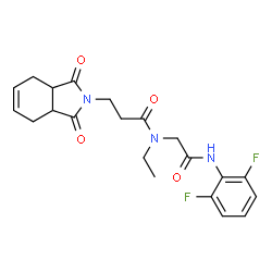 ChemSpider 2D Image | N-{2-[(2,6-Difluorophenyl)amino]-2-oxoethyl}-3-(1,3-dioxo-1,3,3a,4,7,7a-hexahydro-2H-isoindol-2-yl)-N-ethylpropanamide | C21H23F2N3O4