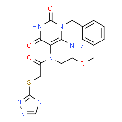 ChemSpider 2D Image | N-(6-Amino-1-benzyl-2,4-dioxo-1,2,3,4-tetrahydro-5-pyrimidinyl)-N-(2-methoxyethyl)-2-(1H-1,2,4-triazol-3-ylsulfanyl)acetamide | C18H21N7O4S
