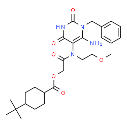 ChemSpider 2D Image | 2-[(6-Amino-1-benzyl-2,4-dioxo-1,2,3,4-tetrahydro-5-pyrimidinyl)(2-methoxyethyl)amino]-2-oxoethyl 4-(2-methyl-2-propanyl)cyclohexanecarboxylate | C27H38N4O6