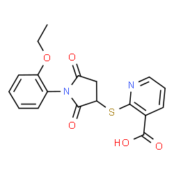ChemSpider 2D Image | 2-{[1-(2-Ethoxyphenyl)-2,5-dioxo-3-pyrrolidinyl]sulfanyl}nicotinic acid | C18H16N2O5S