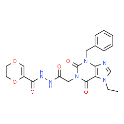 ChemSpider 2D Image | N'-[(3-Benzyl-7-ethyl-2,6-dioxo-2,3,6,7-tetrahydro-1H-purin-1-yl)acetyl]-5,6-dihydro-1,4-dioxine-2-carbohydrazide | C21H22N6O6