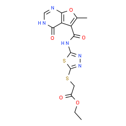 ChemSpider 2D Image | Ethyl [(5-{[(6-methyl-4-oxo-1,4-dihydrofuro[2,3-d]pyrimidin-5-yl)carbonyl]amino}-1,3,4-thiadiazol-2-yl)sulfanyl]acetate | C14H13N5O5S2