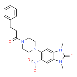 ChemSpider 2D Image | 1,3-Dimethyl-5-nitro-6-[4-(3-phenylpropanoyl)-1-piperazinyl]-1,3-dihydro-2H-benzimidazol-2-one | C22H25N5O4