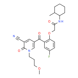 ChemSpider 2D Image | 2-(2-{[5-Cyano-1-(3-methoxypropyl)-6-oxo-1,6-dihydro-3-pyridinyl]carbonyl}-4-fluorophenoxy)-N-(2-methylcyclohexyl)acetamide | C26H30FN3O5