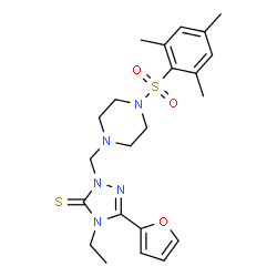 ChemSpider 2D Image | 4-Ethyl-5-(2-furyl)-2-{[4-(mesitylsulfonyl)-1-piperazinyl]methyl}-2,4-dihydro-3H-1,2,4-triazole-3-thione | C22H29N5O3S2