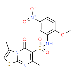 ChemSpider 2D Image | N-(2-Methoxy-5-nitrophenyl)-3,7-dimethyl-5-oxo-5H-[1,3]thiazolo[3,2-a]pyrimidine-6-sulfonamide | C15H14N4O6S2