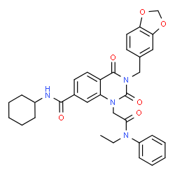 ChemSpider 2D Image | 3-(1,3-Benzodioxol-5-ylmethyl)-N-cyclohexyl-1-{2-[ethyl(phenyl)amino]-2-oxoethyl}-2,4-dioxo-1,2,3,4-tetrahydro-7-quinazolinecarboxamide | C33H34N4O6