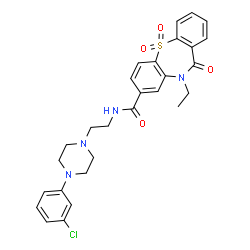ChemSpider 2D Image | N-{2-[4-(3-Chlorophenyl)-1-piperazinyl]ethyl}-10-ethyl-11-oxo-10,11-dihydrodibenzo[b,f][1,4]thiazepine-8-carboxamide 5,5-dioxide | C28H29ClN4O4S