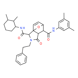 ChemSpider 2D Image | N~2~-(2,3-Dimethylcyclohexyl)-N~6~-(3,5-dimethylphenyl)-4-oxo-3-(2-phenylethyl)-10-oxa-3-azatricyclo[5.2.1.0~1,5~]dec-8-ene-2,6-dicarboxamide | C34H41N3O4