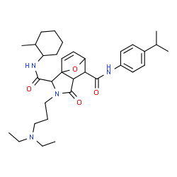 ChemSpider 2D Image | 3-[3-(Diethylamino)propyl]-N~6~-(4-isopropylphenyl)-N~2~-(2-methylcyclohexyl)-4-oxo-10-oxa-3-azatricyclo[5.2.1.0~1,5~]dec-8-ene-2,6-dicarboxamide | C33H48N4O4