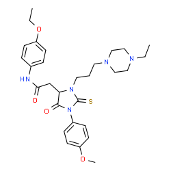 ChemSpider 2D Image | N-(4-Ethoxyphenyl)-2-{3-[3-(4-ethyl-1-piperazinyl)propyl]-1-(4-methoxyphenyl)-5-oxo-2-thioxo-4-imidazolidinyl}acetamide | C29H39N5O4S
