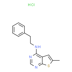 ChemSpider 2D Image | 6-Methyl-N-(2-phenylethyl)thieno[2,3-d]pyrimidin-4-amine hydrochloride (1:1) | C15H16ClN3S
