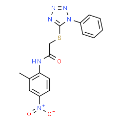 ChemSpider 2D Image | N-(2-Methyl-4-nitrophenyl)-2-[(1-phenyl-1H-tetrazol-5-yl)sulfanyl]acetamide | C16H14N6O3S