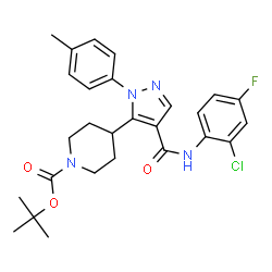 ChemSpider 2D Image | 2-Methyl-2-propanyl 4-{4-[(2-chloro-4-fluorophenyl)carbamoyl]-1-(4-methylphenyl)-1H-pyrazol-5-yl}-1-piperidinecarboxylate | C27H30ClFN4O3