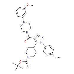 ChemSpider 2D Image | 2-Methyl-2-propanyl 4-[1-(4-methoxyphenyl)-4-{[4-(3-methoxyphenyl)-1-piperazinyl]carbonyl}-1H-pyrazol-5-yl]-1-piperidinecarboxylate | C32H41N5O5