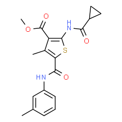 ChemSpider 2D Image | Methyl 2-[(cyclopropylcarbonyl)amino]-4-methyl-5-[(3-methylphenyl)carbamoyl]-3-thiophenecarboxylate | C19H20N2O4S