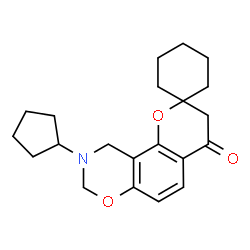ChemSpider 2D Image | 9-Cyclopentyl-9,10-dihydro-8H-spiro[chromeno[8,7-e][1,3]oxazine-2,1'-cyclohexan]-4(3H)-one | C21H27NO3