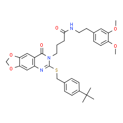 ChemSpider 2D Image | N-[2-(3,4-Dimethoxyphenyl)ethyl]-4-[6-{[4-(2-methyl-2-propanyl)benzyl]sulfanyl}-8-oxo[1,3]dioxolo[4,5-g]quinazolin-7(8H)-yl]butanamide | C34H39N3O6S