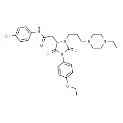 ChemSpider 2D Image | N-(4-Chlorophenyl)-2-{1-(4-ethoxyphenyl)-3-[3-(4-ethyl-1-piperazinyl)propyl]-5-oxo-2-thioxo-4-imidazolidinyl}acetamide | C28H36ClN5O3S