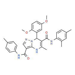 ChemSpider 2D Image | 7-(2,5-Dimethoxyphenyl)-N~6~-(2,4-dimethylphenyl)-5-methyl-N~3~-(4-methylphenyl)-4,7-dihydropyrazolo[1,5-a]pyrimidine-3,6-dicarboxamide | C32H33N5O4