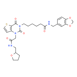 ChemSpider 2D Image | N-(1,3-Benzodioxol-5-ylmethyl)-6-[2,4-dioxo-1-{2-oxo-2-[(tetrahydro-2-furanylmethyl)amino]ethyl}-1,4-dihydrothieno[3,2-d]pyrimidin-3(2H)-yl]hexanamide | C27H32N4O7S