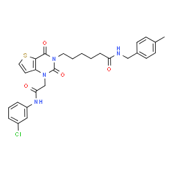 ChemSpider 2D Image | 6-[1-{2-[(3-Chlorophenyl)amino]-2-oxoethyl}-2,4-dioxo-1,4-dihydrothieno[3,2-d]pyrimidin-3(2H)-yl]-N-(4-methylbenzyl)hexanamide | C28H29ClN4O4S