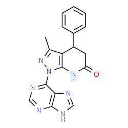 ChemSpider 2D Image | 1H-pyrazolo[3,4-b]pyridin-6-ol, 4,5-dihydro-3-methyl-4-phenyl-1-(9H-purin-6-yl)- | C18H15N7O