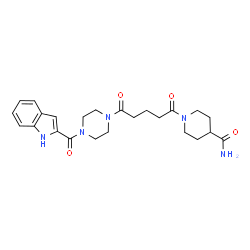 ChemSpider 2D Image | 1-{5-[4-(1H-Indol-2-ylcarbonyl)-1-piperazinyl]-5-oxopentanoyl}-4-piperidinecarboxamide | C24H31N5O4