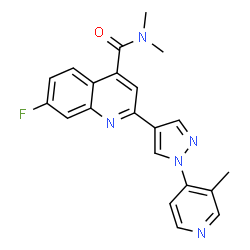 ChemSpider 2D Image | 7-Fluoro-N,N-dimethyl-2-[1-(3-methyl-4-pyridinyl)-1H-pyrazol-4-yl]-4-quinolinecarboxamide | C21H18FN5O