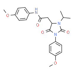 ChemSpider 2D Image | 2-[3-Isopropyl-1-(4-methoxyphenyl)-2,5-dioxo-4-imidazolidinyl]-N-(4-methoxyphenyl)acetamide | C22H25N3O5
