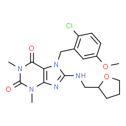 ChemSpider 2D Image | 7-(2-Chloro-5-methoxybenzyl)-1,3-dimethyl-8-[(tetrahydro-2-furanylmethyl)amino]-3,7-dihydro-1H-purine-2,6-dione | C20H24ClN5O4