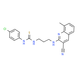 ChemSpider 2D Image | 1-(4-Chlorophenyl)-3-{3-[(3-cyano-8-methyl-2-quinolinyl)amino]propyl}thiourea | C21H20ClN5S