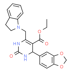 ChemSpider 2D Image | Ethyl 4-(1,3-benzodioxol-5-yl)-6-(2,3-dihydro-1H-indol-1-ylmethyl)-2-oxo-1,2,3,4-tetrahydro-5-pyrimidinecarboxylate | C23H23N3O5