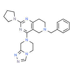 ChemSpider 2D Image | 6-Benzyl-4-(5,6-dihydro[1,2,4]triazolo[4,3-a]pyrazin-7(8H)-yl)-2-(1-pyrrolidinyl)-5,6,7,8-tetrahydropyrido[4,3-d]pyrimidine | C23H28N8