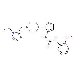 ChemSpider 2D Image | 1-(1-{1-[(1-Ethyl-1H-imidazol-2-yl)methyl]-4-piperidinyl}-1H-pyrazol-5-yl)-3-(2-methoxyphenyl)urea | C22H29N7O2