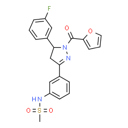 ChemSpider 2D Image | N-{3-[5-(3-Fluorophenyl)-1-(2-furoyl)-4,5-dihydro-1H-pyrazol-3-yl]phenyl}methanesulfonamide | C21H18FN3O4S