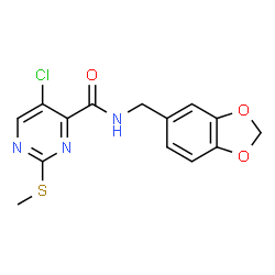 ChemSpider 2D Image | N-(1,3-Benzodioxol-5-ylmethyl)-5-chloro-2-(methylsulfanyl)-4-pyrimidinecarboxamide | C14H12ClN3O3S