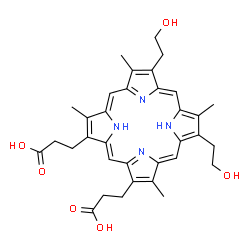 ChemSpider 2D Image | 3,3'-[7,12-Bis(2-hydroxyethyl)-3,8,13,17-tetramethyl-2,18-porphyrindiyl]dipropanoic acid | C34H38N4O6