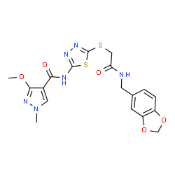 ChemSpider 2D Image | N-[5-({2-[(1,3-Benzodioxol-5-ylmethyl)amino]-2-oxoethyl}sulfanyl)-1,3,4-thiadiazol-2-yl]-3-methoxy-1-methyl-1H-pyrazole-4-carboxamide | C18H18N6O5S2