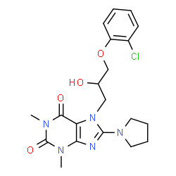 ChemSpider 2D Image | 7-[3-(2-Chlorophenoxy)-2-hydroxypropyl]-1,3-dimethyl-8-(1-pyrrolidinyl)-3,7-dihydro-1H-purine-2,6-dione | C20H24ClN5O4