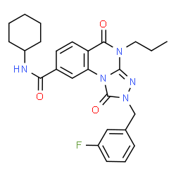 ChemSpider 2D Image | N-Cyclohexyl-2-(3-fluorobenzyl)-1,5-dioxo-4-propyl-1,2,4,5-tetrahydro[1,2,4]triazolo[4,3-a]quinazoline-8-carboxamide | C26H28FN5O3