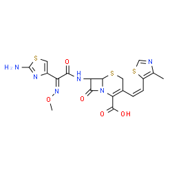 ChemSpider 2D Image | 7-{[(2E)-2-(2-Amino-1,3-thiazol-4-yl)-2-(methoxyimino)acetyl]amino}-3-[(Z)-2-(4-methyl-1,3-thiazol-5-yl)vinyl]-8-oxo-5-thia-1-azabicyclo[4.2.0]oct-2-ene-2-carboxylic acid | C19H18N6O5S3