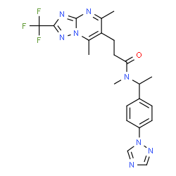 ChemSpider 2D Image | 3-[5,7-Dimethyl-2-(trifluoromethyl)[1,2,4]triazolo[1,5-a]pyrimidin-6-yl]-N-methyl-N-{1-[4-(1H-1,2,4-triazol-1-yl)phenyl]ethyl}propanamide | C22H23F3N8O
