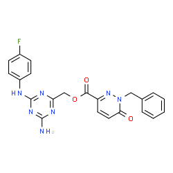 ChemSpider 2D Image | {4-Amino-6-[(4-fluorophenyl)amino]-1,3,5-triazin-2-yl}methyl 1-benzyl-6-oxo-1,6-dihydro-3-pyridazinecarboxylate | C22H18FN7O3