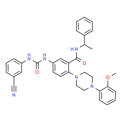 ChemSpider 2D Image | 5-{[(3-Cyanophenyl)carbamoyl]amino}-2-[4-(2-methoxyphenyl)-1-piperazinyl]-N-(1-phenylethyl)benzamide | C34H34N6O3