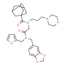 ChemSpider 2D Image | N-{2-[(1,3-Benzodioxol-5-ylmethyl)(2-furylmethyl)amino]-2-oxoethyl}-N-[3-(4-morpholinyl)propyl]-1-adamantanecarboxamide | C33H43N3O6