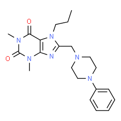ChemSpider 2D Image | 1,3-Dimethyl-8-[(4-phenyl-1-piperazinyl)methyl]-7-propyl-3,7-dihydro-1H-purine-2,6-dione | C21H28N6O2