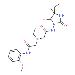 ChemSpider 2D Image | 2-(Ethyl{2-[(4-ethyl-4-methyl-2,5-dioxo-1-imidazolidinyl)amino]-2-oxoethyl}amino)-N-(2-methoxyphenyl)acetamide | C19H27N5O5