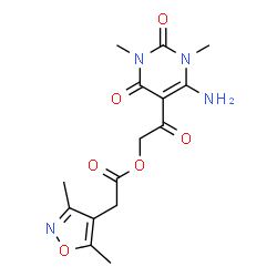 ChemSpider 2D Image | 2-(6-Amino-1,3-dimethyl-2,4-dioxo-1,2,3,4-tetrahydro-5-pyrimidinyl)-2-oxoethyl (3,5-dimethyl-1,2-oxazol-4-yl)acetate | C15H18N4O6